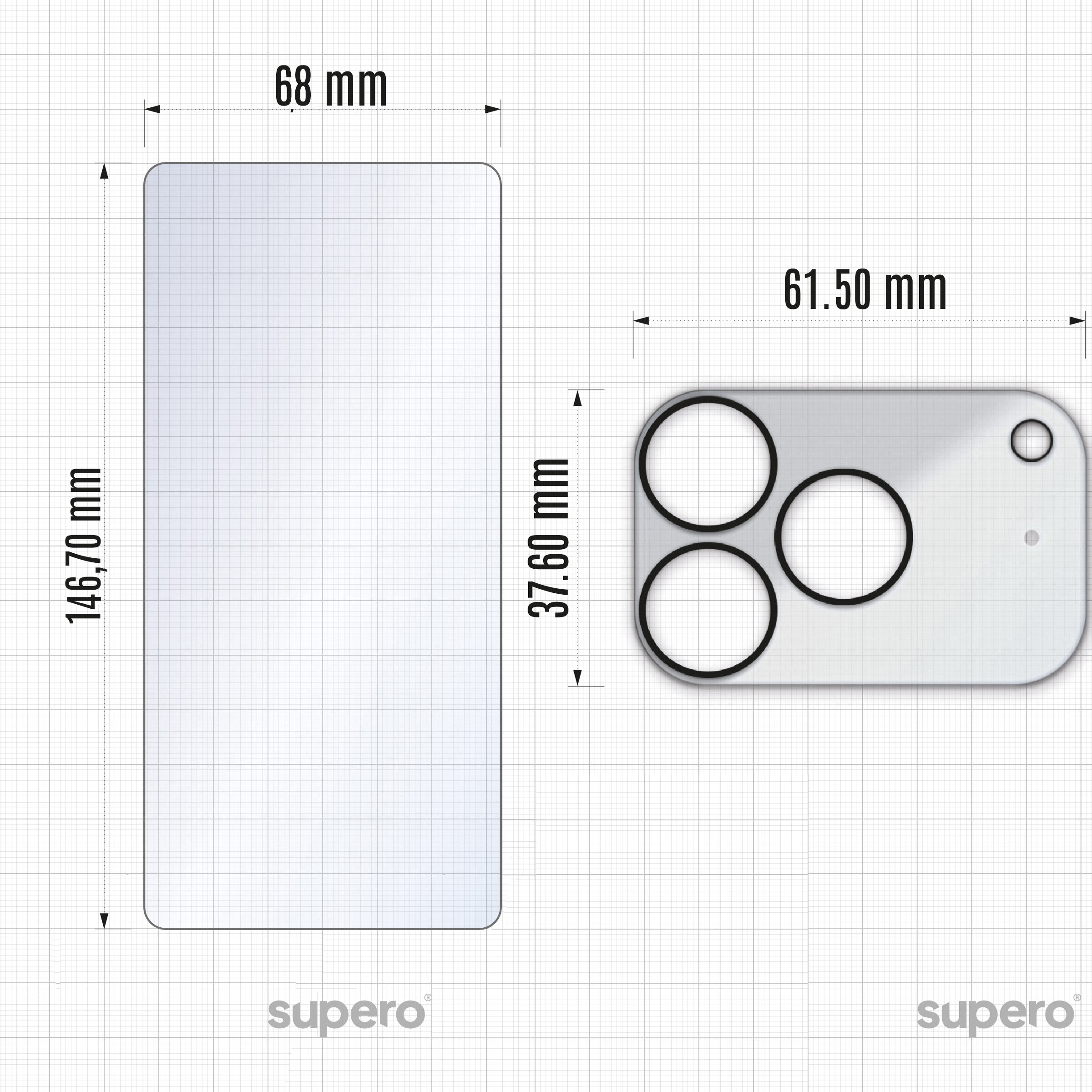 Obraz przedstawia wymiary szkła hartowanego na ekran iPhone\'a oraz osłony na aparat. Wymiary szkła to 146,70 mm na 68 mm, a osłony na aparat to 61,50 mm na 37,60 mm; widoczne jest logo \'supero\'.