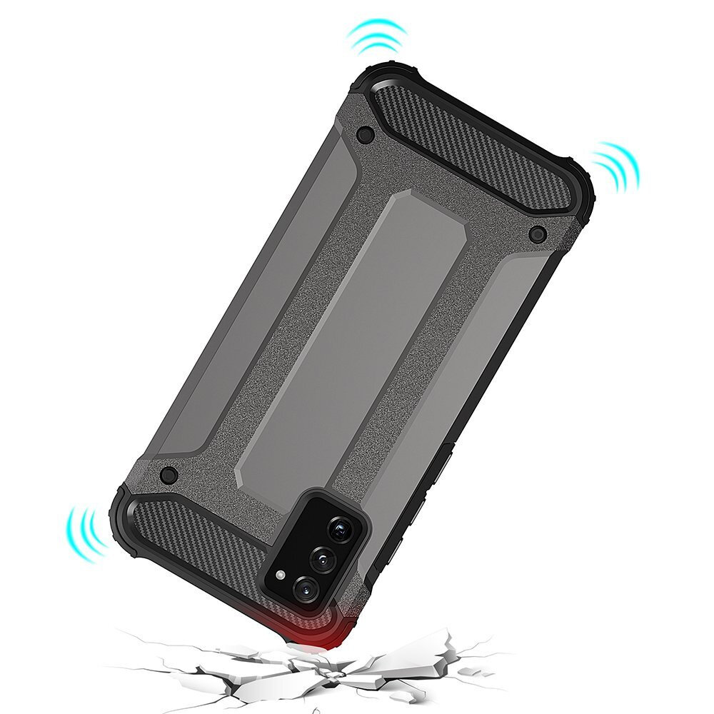 Obraz przedstawia pancerne etui na telefon w kolorze złotym, unoszące się nad pękniętą powierzchnią z niebieskimi ikonami fal dźwiękowych wokół.