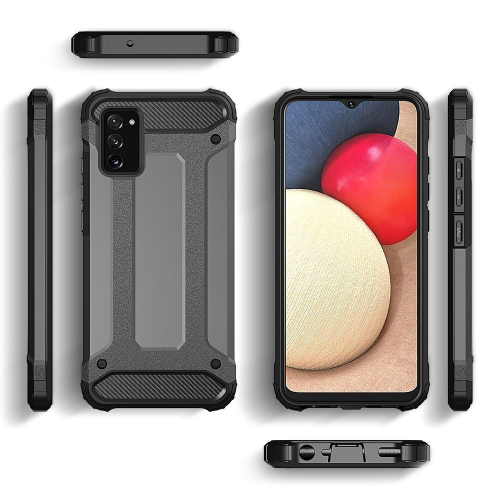 Zdjęcie przedstawia złote, pancerne etui na telefon Samsung Galaxy A42 5G, widoczne z różnych perspektyw, z wyraźnymi detalami konstrukcji i teksturą powierzchni.
