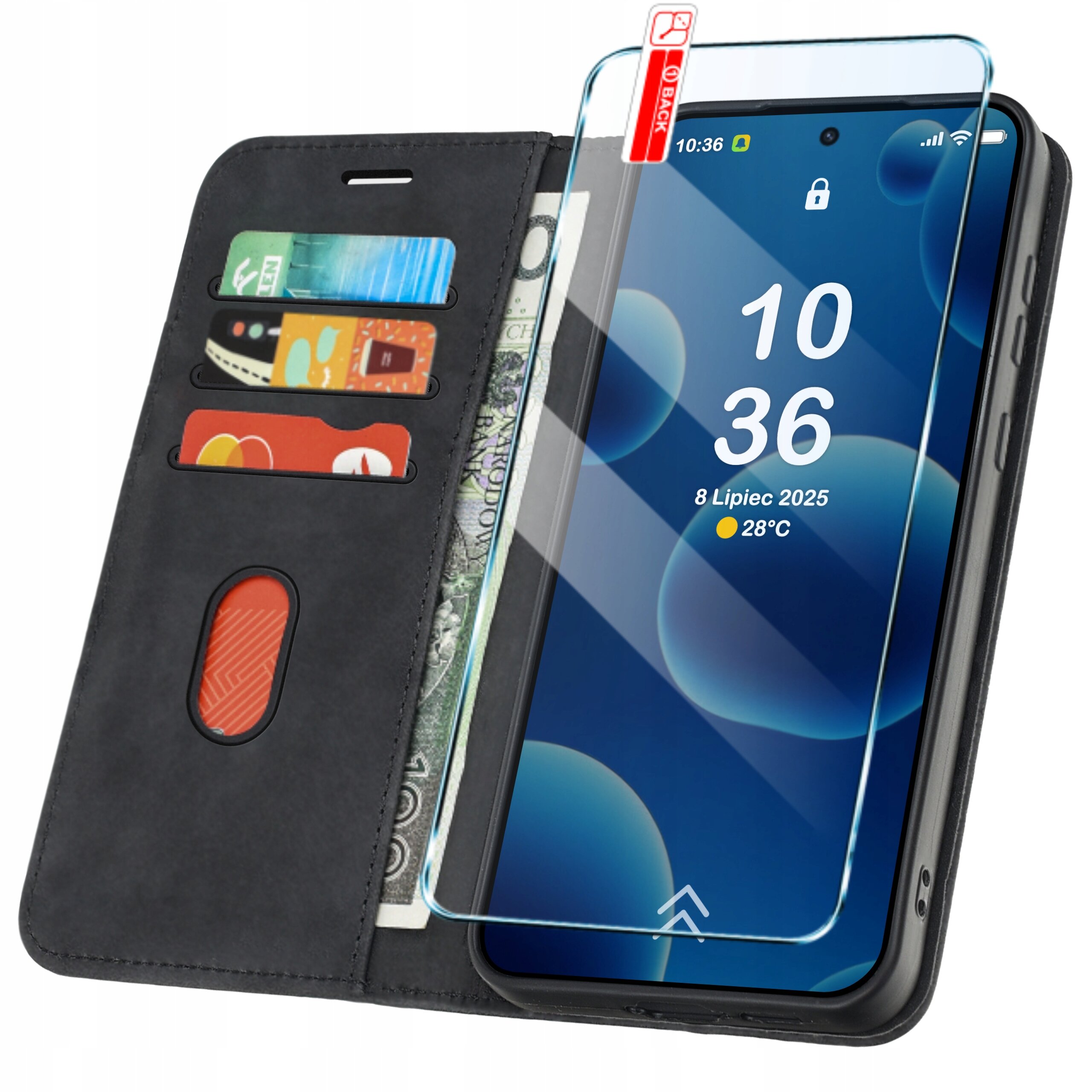 Czarne skórzane etui z klapką do telefonu, z trzema kieszonkami na karty i miejscem na banknoty. Obok etui znajduje się telefon z nałożonym szkłem ochronnym, na ekranie widoczna jest godzina 10:36, data 8 Lipiec 2025 i temperatura 28°C.