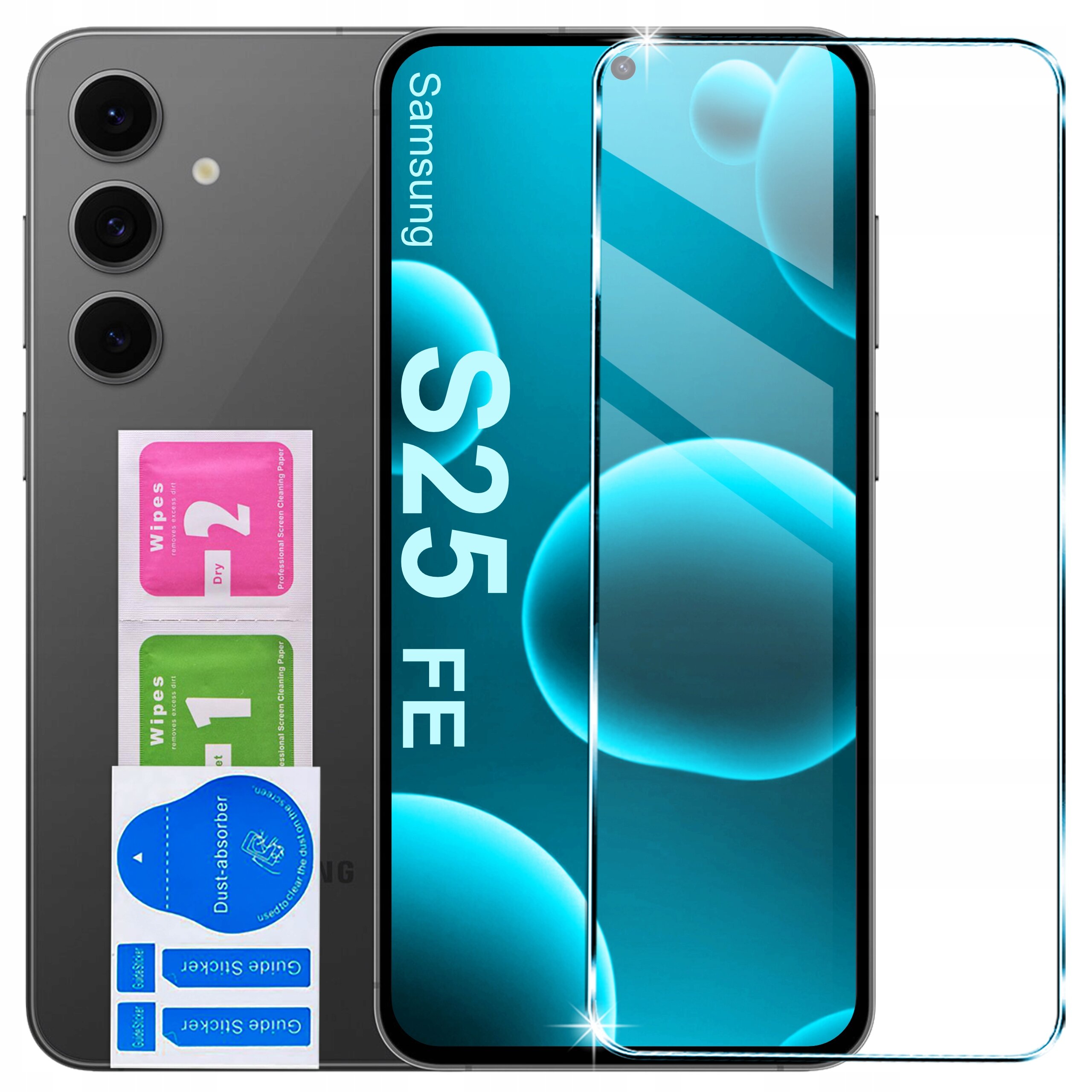 Na zdjęciu widoczny jest telefon z napisem \'Samsung S25 FE\' na ekranie oraz zestaw ściereczek do czyszczenia oznaczonych jako \'Wipes 1\' i \'Wipes 2\'. Obok telefonu znajduje się szkło ochronne.