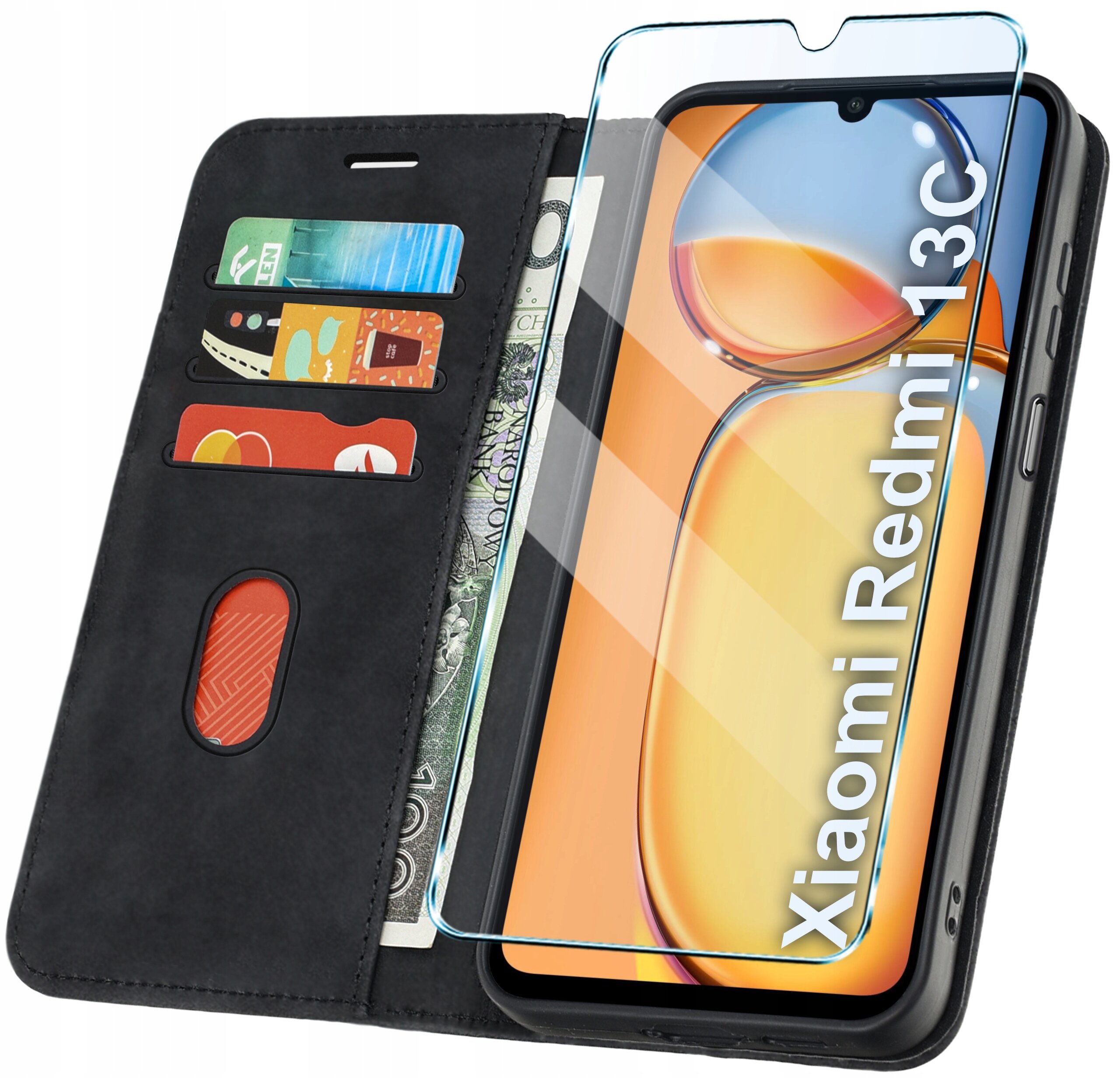 Etui z klapką do telefonu z miejscem na karty i banknoty, obok którego znajduje się telefon z nałożonym szkłem ochronnym. Na ekranie telefonu widoczny jest napis \'Xiaomi Redmi 13C\'.