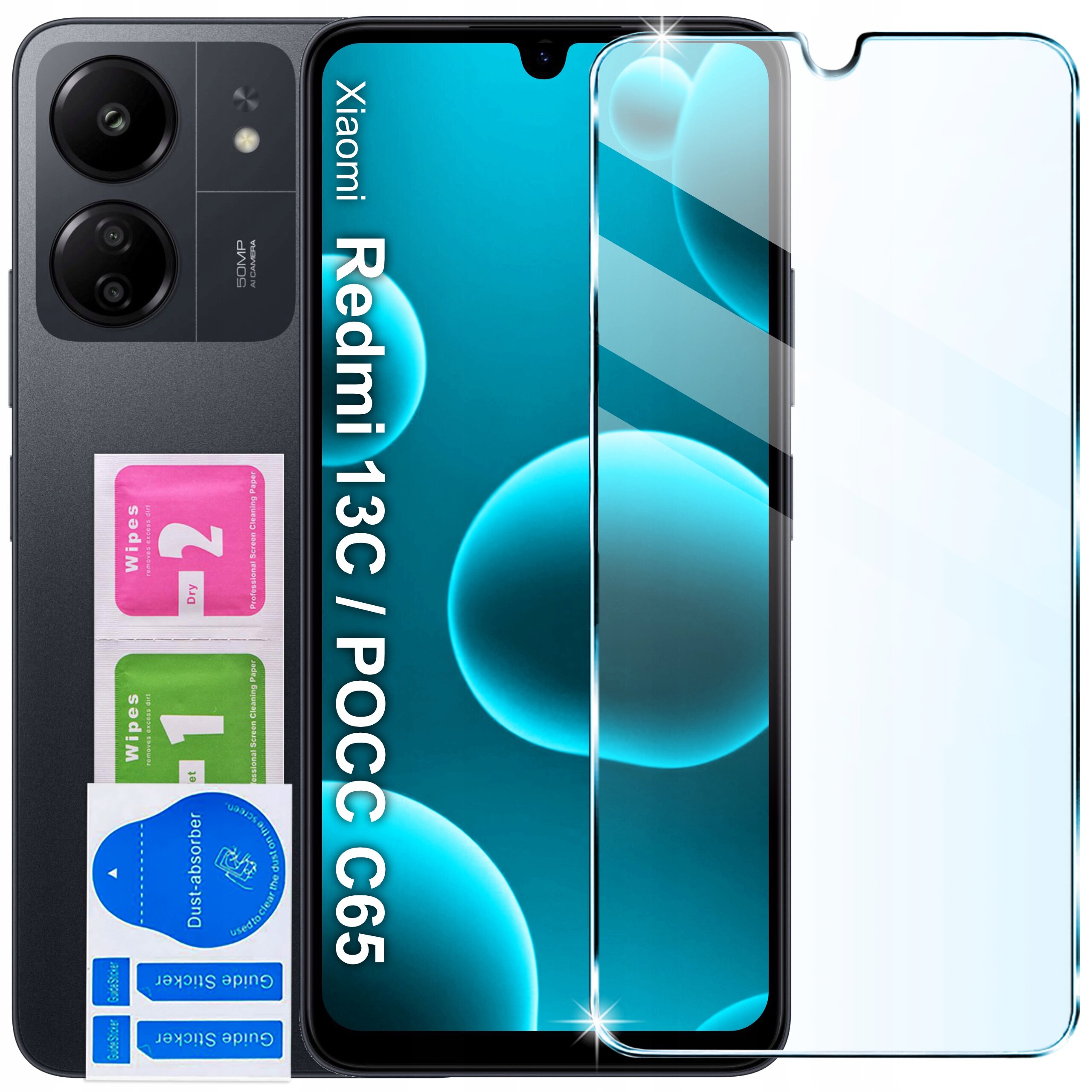 Obraz przedstawia telefon z napisem \'Xiaomi Redmi 13C / POCO C65\' oraz zestaw akcesoriów, w tym szkło ochronne i ściereczki do czyszczenia. W tle widoczne są duże, niebieskie bąbelki na ekranie telefonu.