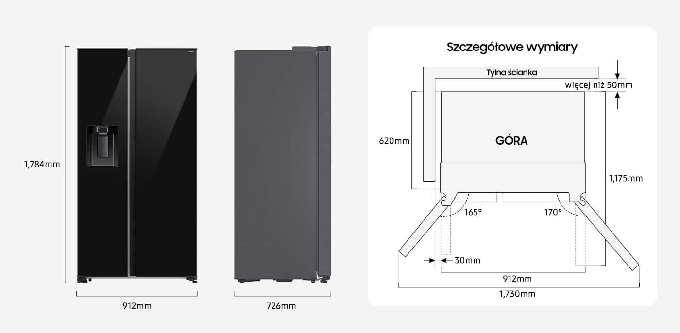 wymiary lodówki Samsung rs70f64kebeo Obraz przedstawia czarną lodówkę side by side z podajnikiem wody i kostkarką, z wymiarami 1784 mm wysokości, 912 mm szerokości i 726 mm głębokości. Obok znajduje się schemat z wymiarami szczegółowymi, w tym 620 mm głębokości i 1175 mm wysokości, z oznaczeniem \'GÓRA\'.