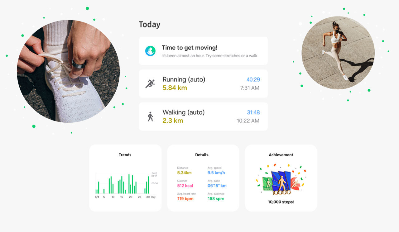 Obraz przedstawia interfejs aplikacji fitness z danymi aktywności fizycznej, takimi jak bieganie (5.84 km) i chodzenie (2.3 km). Po bokach znajdują się zdjęcia osoby wiążącej buty sportowe oraz osoby biegnącej po chodniku.