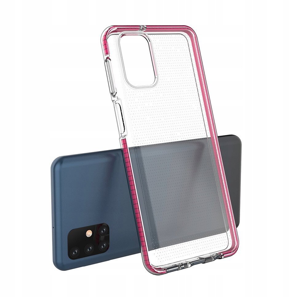 Przezroczyste etui z kolorową ramką w kolorze różowym, przeznaczone do telefonu Samsung Galaxy M51, umieszczone na tle telefonu z widocznym aparatem fotograficznym.