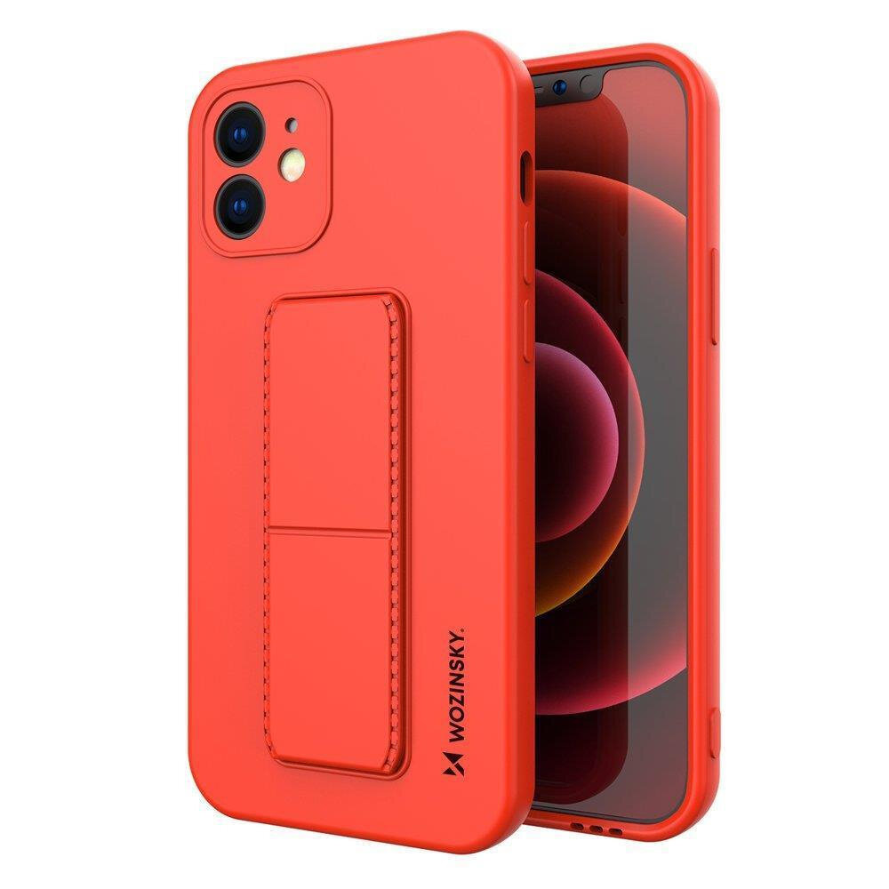 Czerwone silikonowe etui z podstawką na telefon, z widocznym logo \'Wozinsky\'. Etui posiada wycięcia na aparat i przyciski.