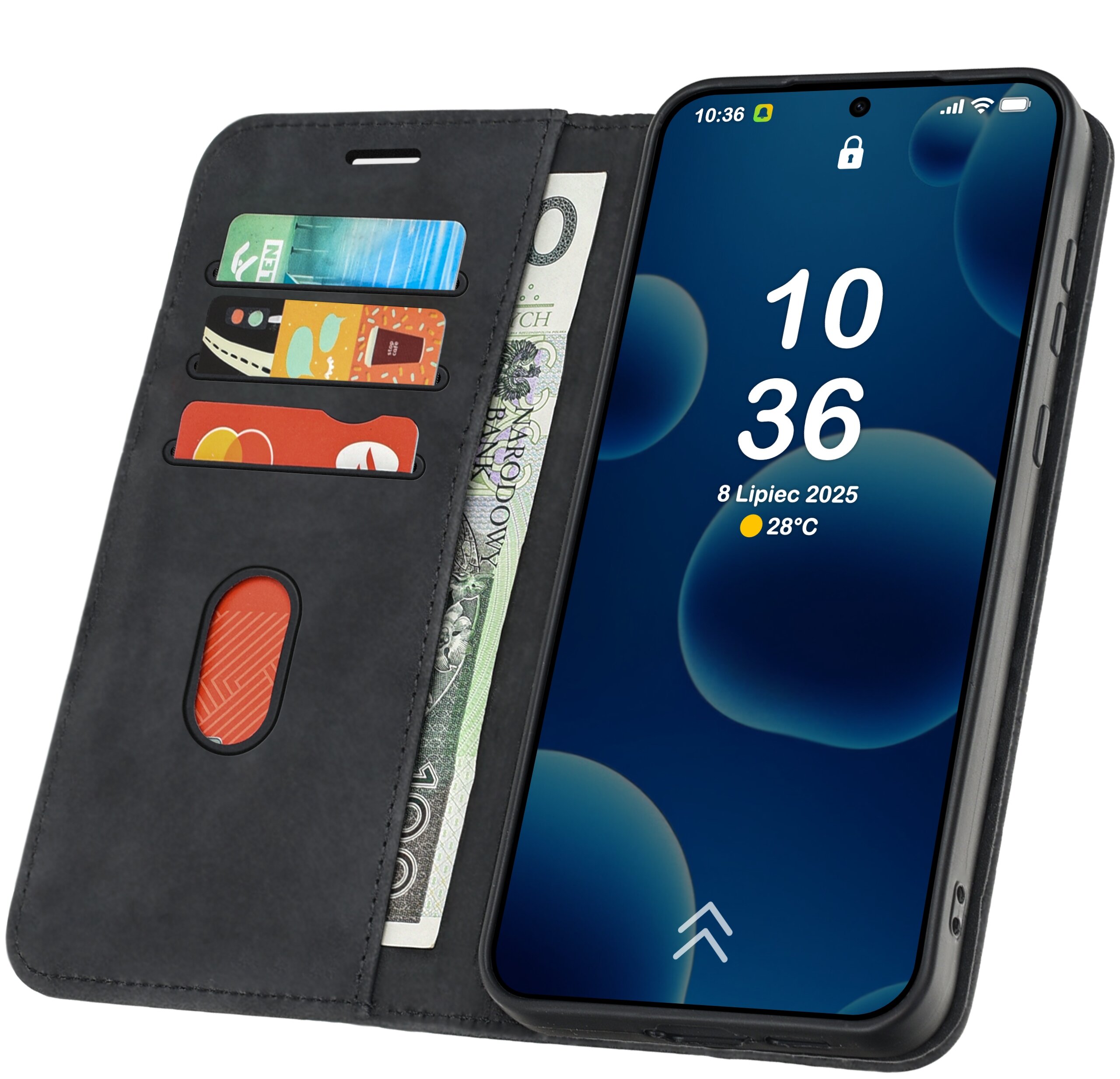 Etui z klapką do telefonu, z miejscem na karty i banknoty, obok smartfon z wyświetlaczem pokazującym godzinę 10:36, datę 8 Lipiec 2025 i temperaturę 28°C.