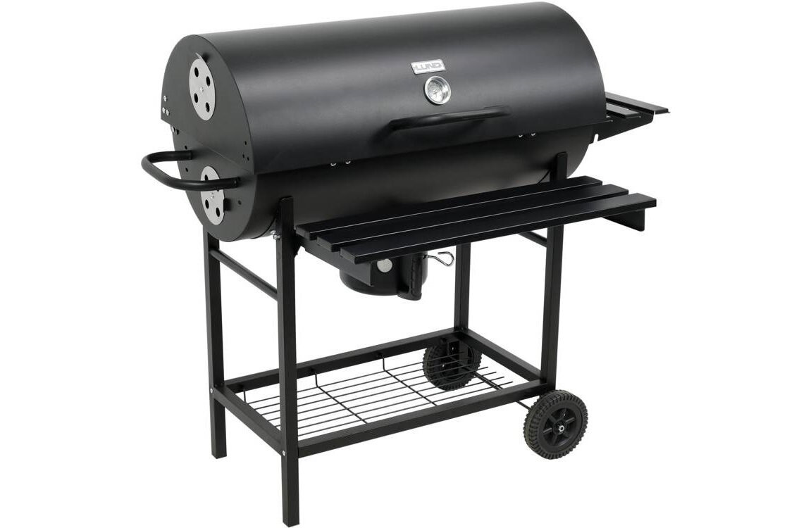 Czarny grill węglowy z metalową konstrukcją, wyposażony w termometr na pokrywie i dwie półki. Na pokrywie widoczne jest logo \'LUND\'.