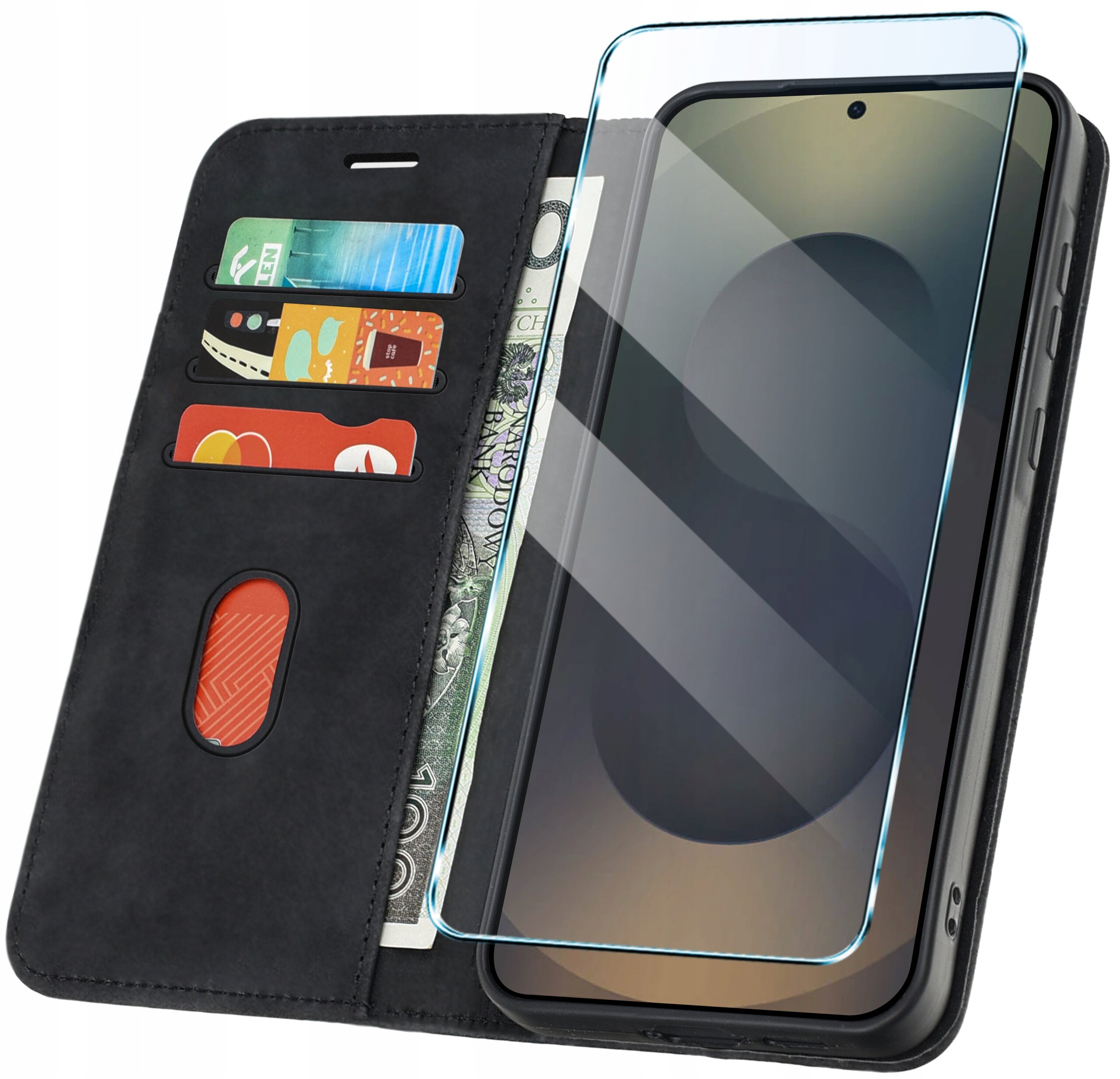 Czarne etui z klapką do telefonu, z trzema kieszonkami na karty i miejscem na banknoty. Obok etui znajduje się szkło ochronne na ekran telefonu.