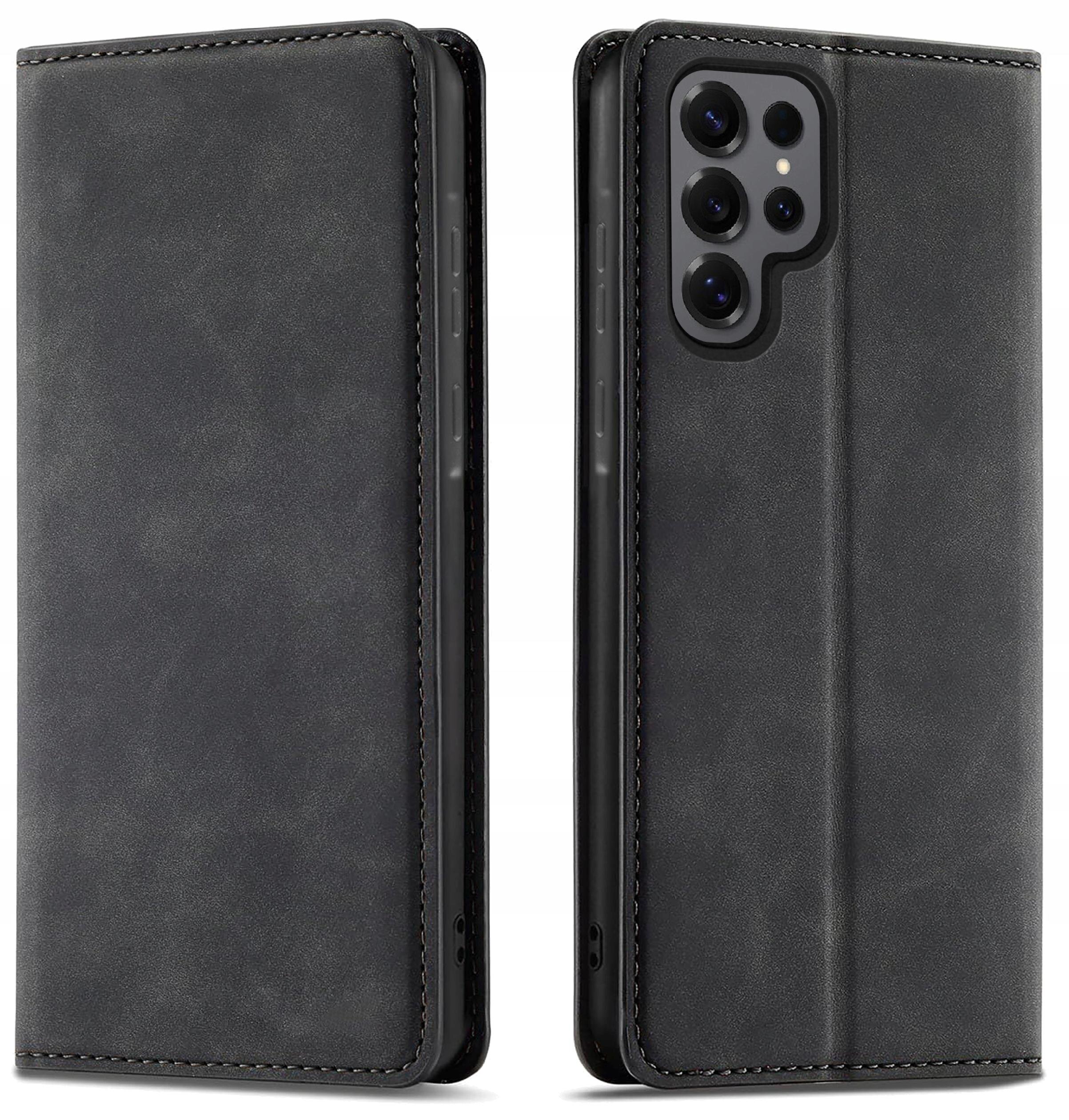 Obraz przedstawia czarne, skórzane etui z klapką do telefonu, z widocznymi otworami na aparat. Etui jest zamykane magnetycznie i ma eleganckie przeszycia na krawędziach.