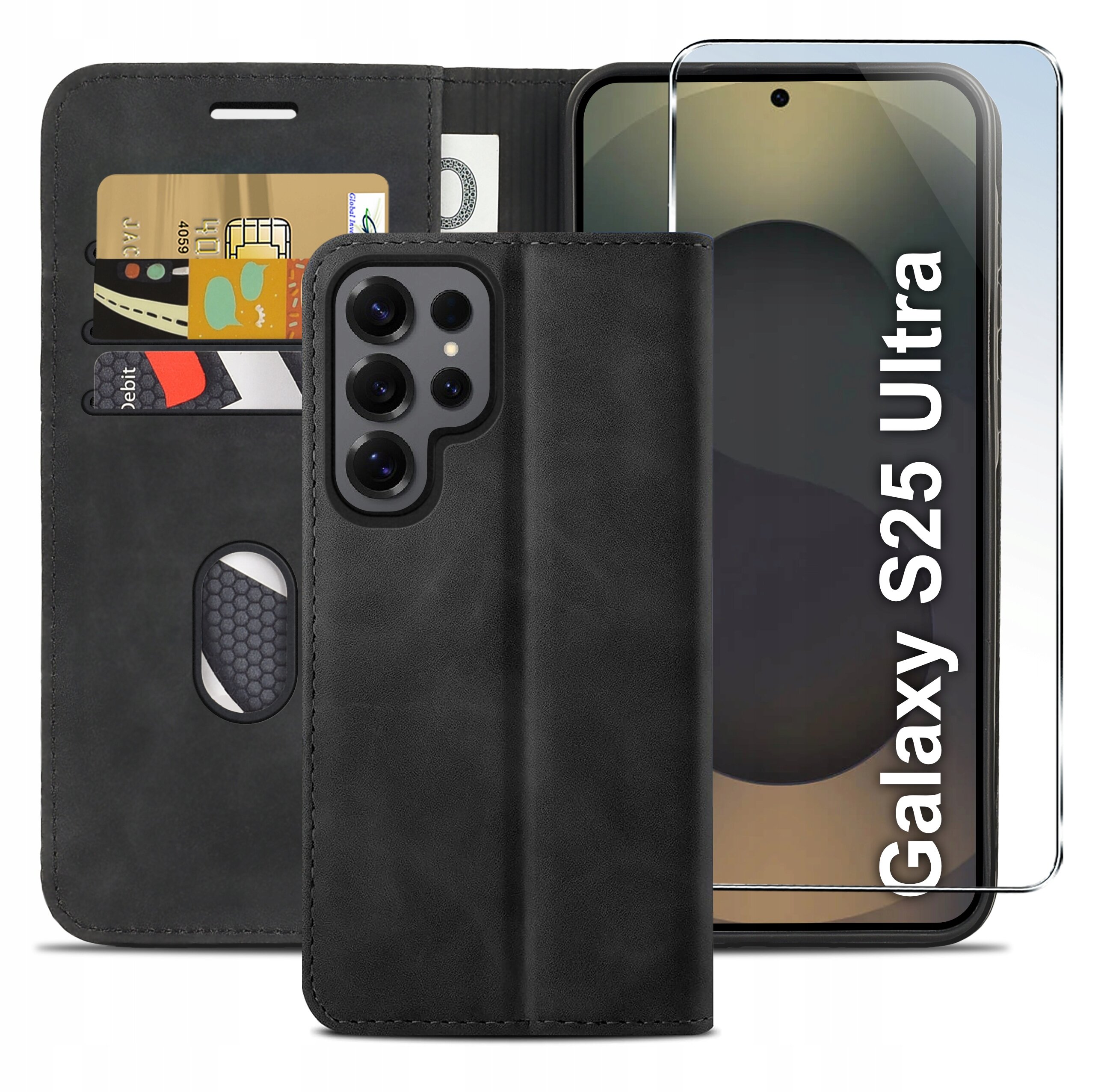 Czarne skórzane etui z klapką do telefonu, z miejscem na karty i banknoty, obok szkło ochronne z napisem \'Galaxy S25 Ultra\'.