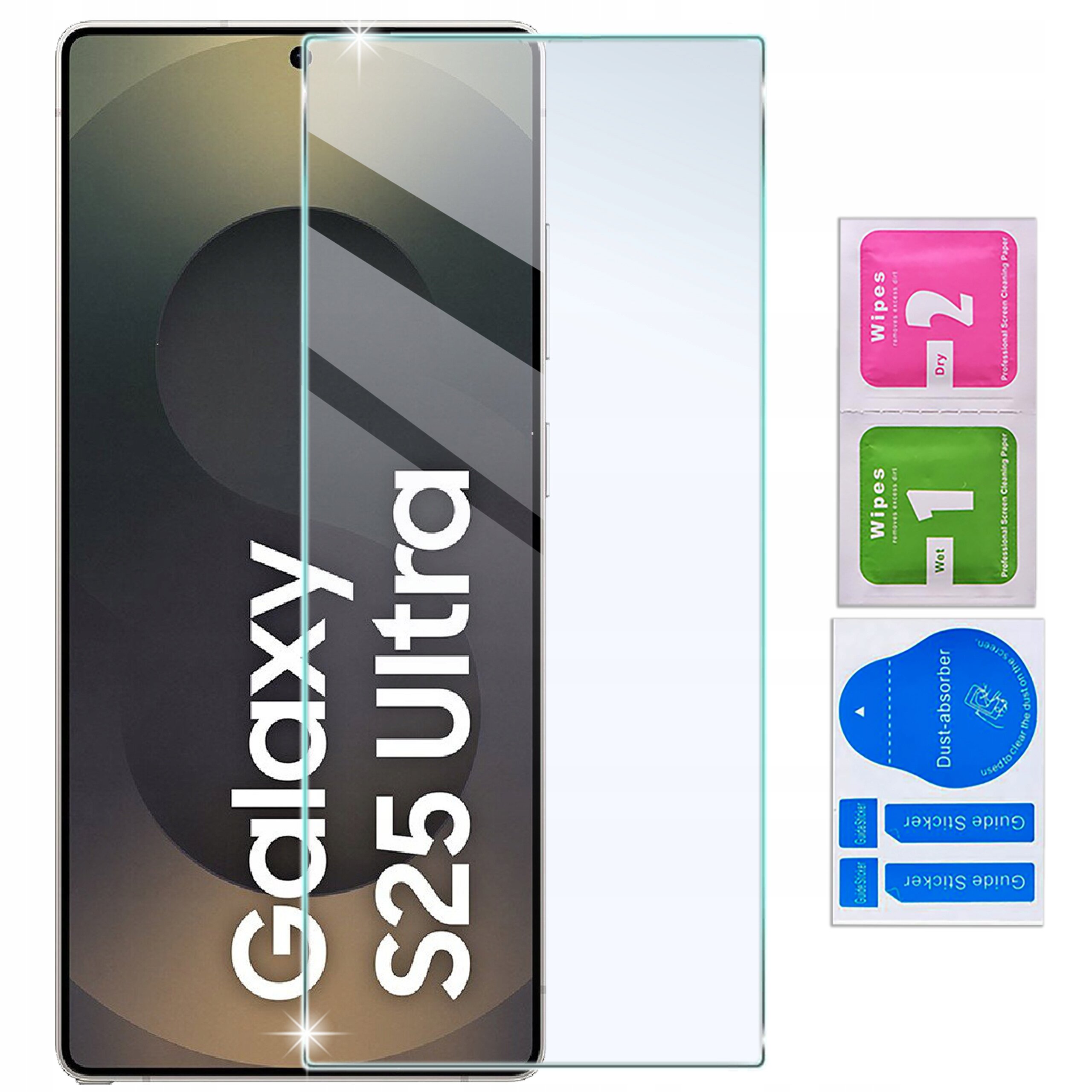 Zdjęcie przedstawia etui z klapką do Samsung S25 Ultra oraz zestaw akcesoriów do czyszczenia ekranu, w tym chusteczki oznaczone jako \'Wipes 1 Wet\' i \'Wipes 2 Dry\', oraz naklejki \'Dust absorber\' i \'Guide sticker\'.