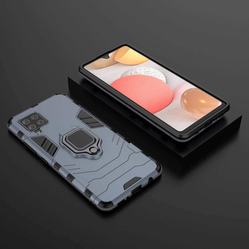 Na obrazie widoczny jest niebieski, pancerne etui z magnetycznym uchwytem, przeznaczone dla telefonu Samsung Galaxy A42 5G. Obok etui znajduje się telefon z wyświetlaczem pokazującym kolorowe kule na jasnym tle.