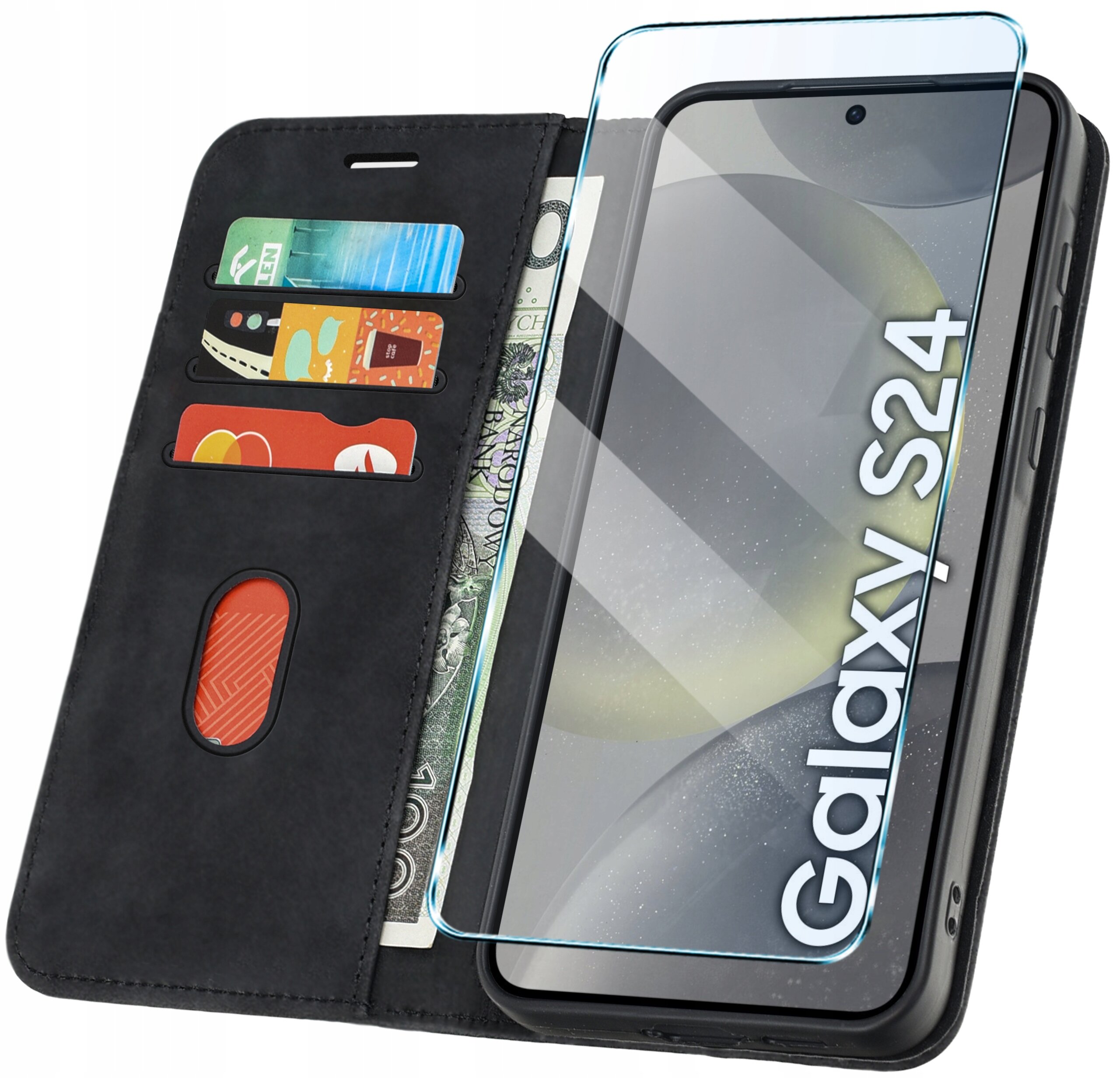 Czarne etui z klapką do telefonu Samsung S24 z miejscem na karty i banknoty, z nałożonym szkłem ochronnym. Na ekranie telefonu widoczny jest napis \'Galaxy S24\'.