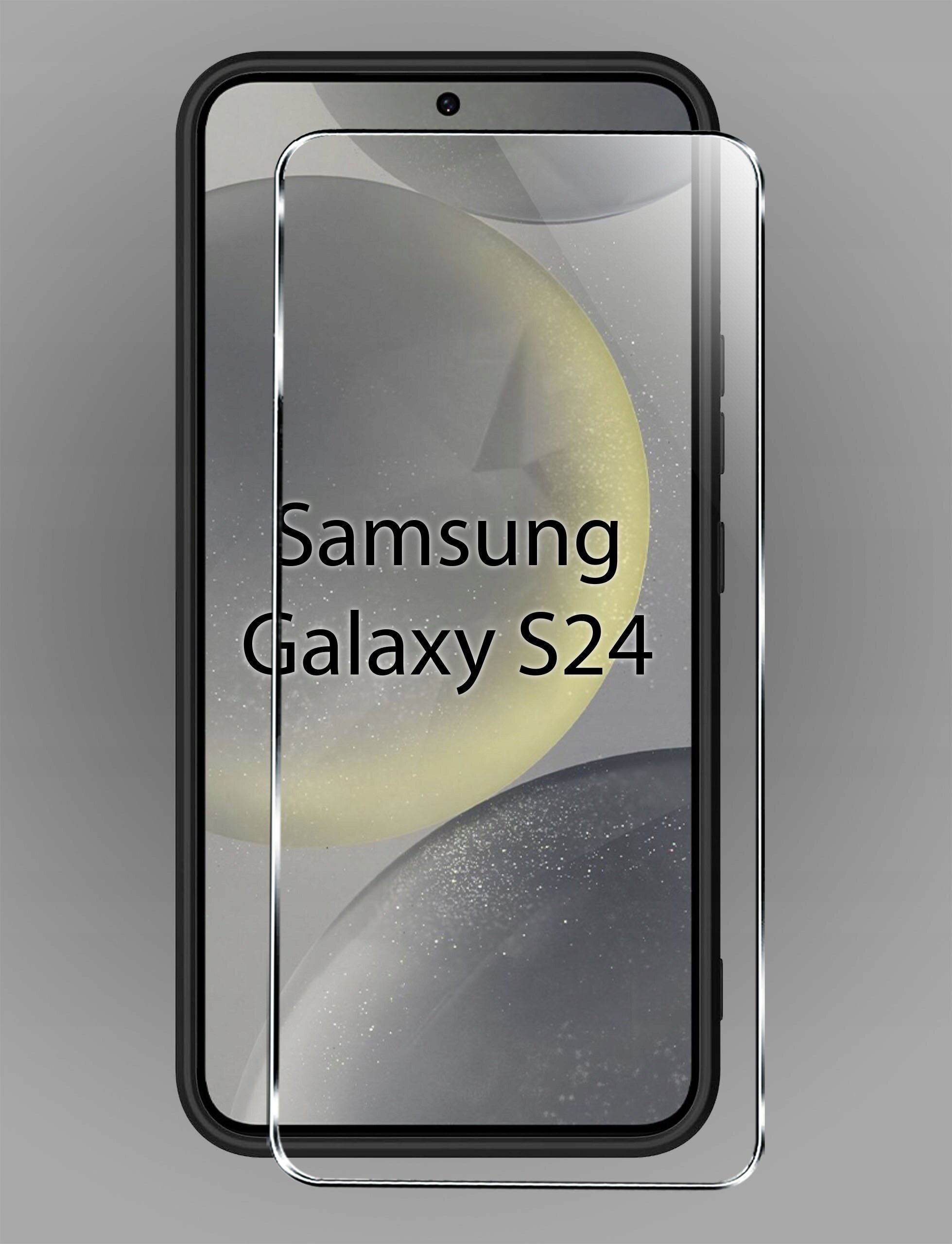 Na obrazie widoczny jest telefon Samsung Galaxy S24 z nałożonym szkłem ochronnym. Tło jest szare z abstrakcyjnymi wzorami.