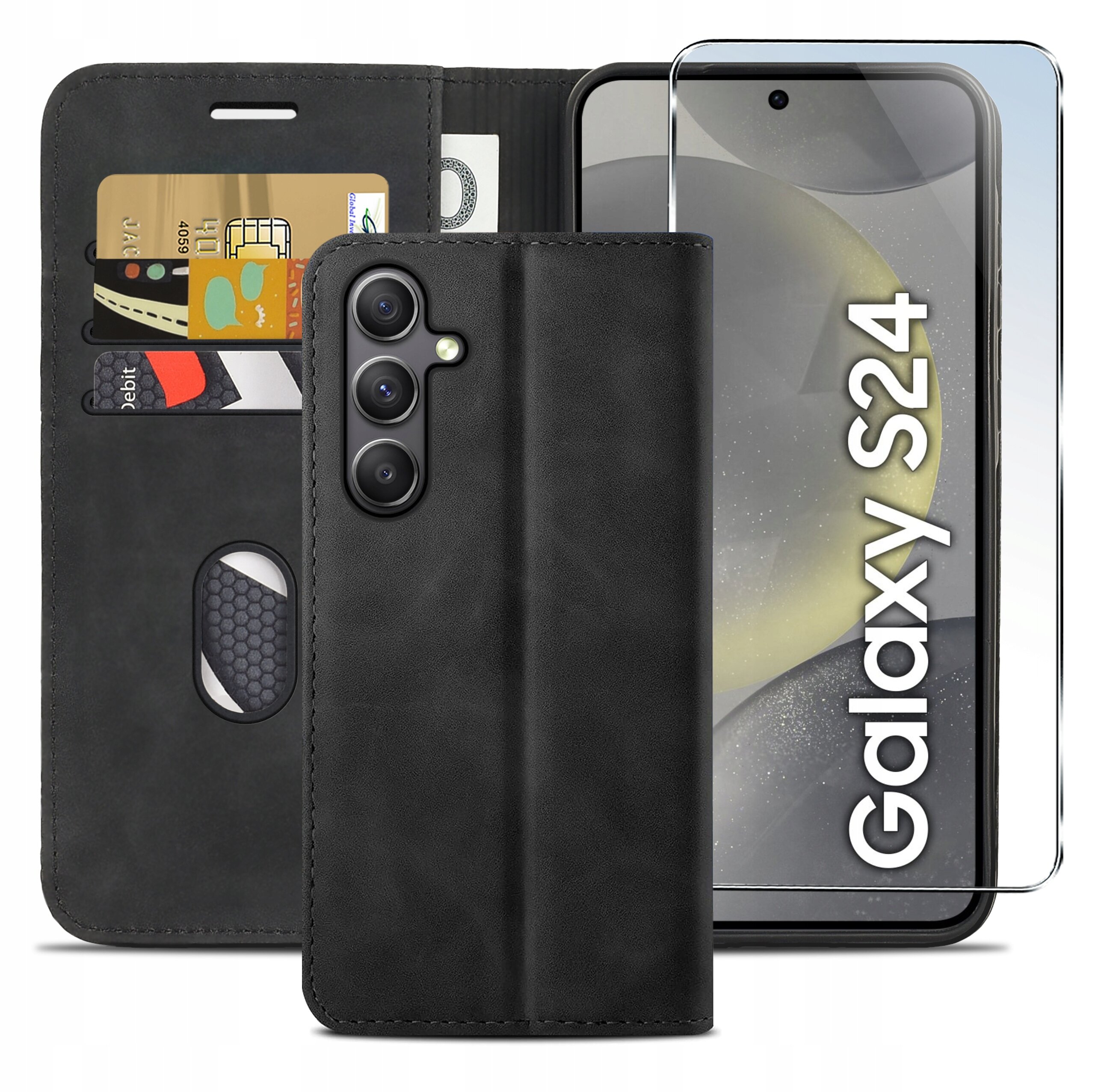 Czarne etui z klapką do telefonu, z miejscem na karty i banknoty, obok którego znajduje się szkło ochronne na ekran. Na ekranie telefonu widoczny jest napis \'Galaxy S24\'.