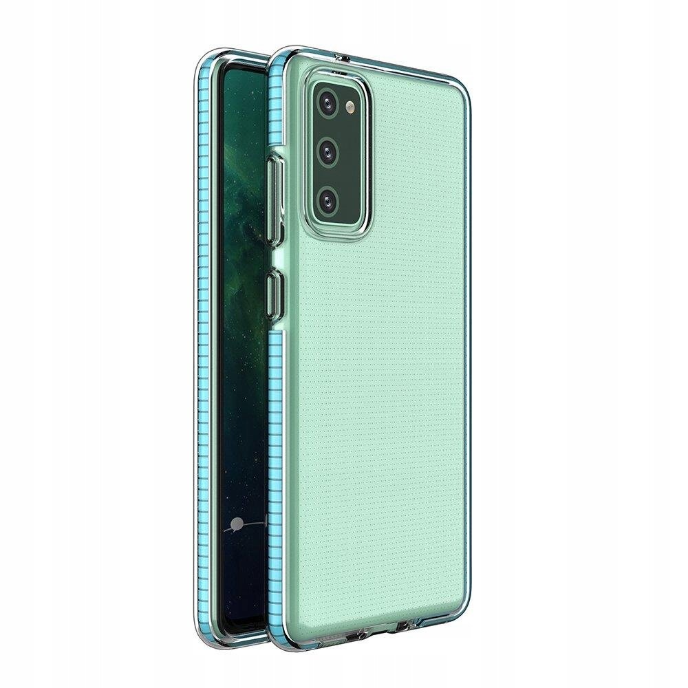 Jasnoniebieskie etui z ramką do telefonu Samsung Galaxy S21 5G, z widocznymi trzema otworami na aparaty. Etui ma przezroczyste krawędzie i teksturowaną powierzchnię.