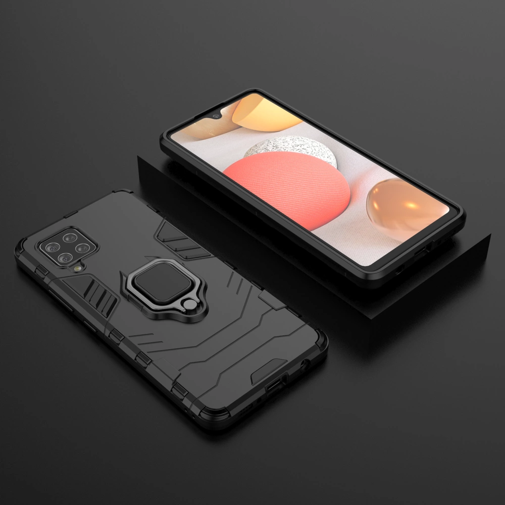 Na obrazie widoczne jest czarne, pancerne etui z magnetycznym uchwytem, przeznaczone dla telefonu Samsung Galaxy A42 5G. Obok etui znajduje się telefon z wyświetlaczem pokazującym kolorowe kule.