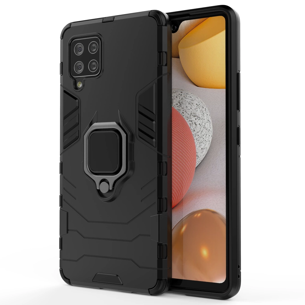 Czarne, pancerne etui z magnetycznym uchwytem na telefon Samsung Galaxy A42 5G. Etui ma wyraźne, geometryczne wzory i otwory na aparat oraz przyciski.