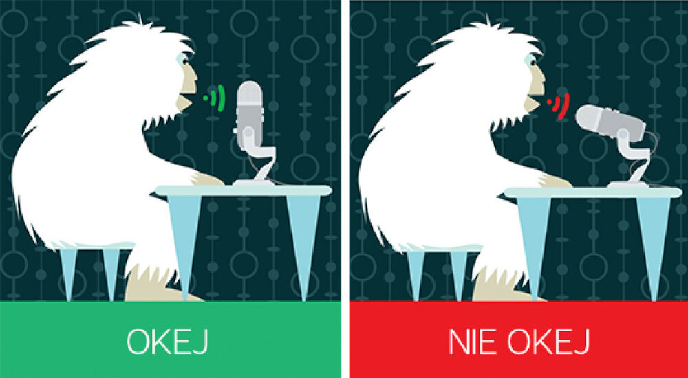 Ilustracja przedstawia postać siedzącą przy stole z mikrofonem, z napisem \'OK\' na zielonym tle po lewej stronie i \'NIE OK\' na czerwonym tle po prawej stronie.
