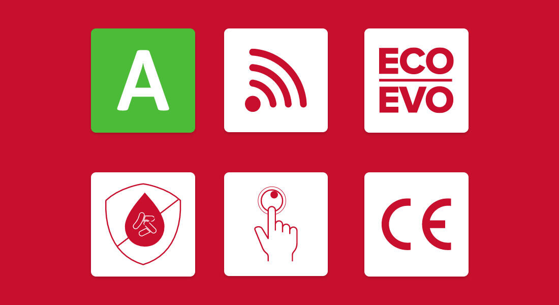 Obraz przedstawia sześć ikon na czerwonym tle. Ikony zawierają symbole: zielona litera \'A\', czerwony symbol Wi-Fi, napis \'ECO EVO\', tarcza z kroplą i kluczem, palec dotykający przycisk oraz oznaczenie \'CE\'.