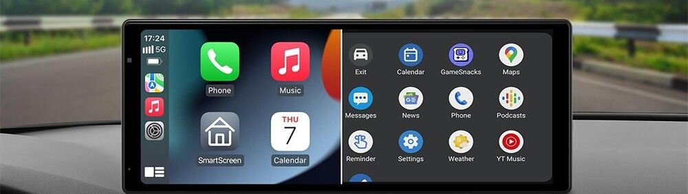 Na obrazie widoczny jest ekran samochodowego tabletu z interfejsem, na którym znajdują się ikony aplikacji takich jak Phone, Music, Calendar, Maps, Messages, News, i YT Music. Ekran jest podzielony na dwie części, z różnymi zestawami ikon po każdej stronie.