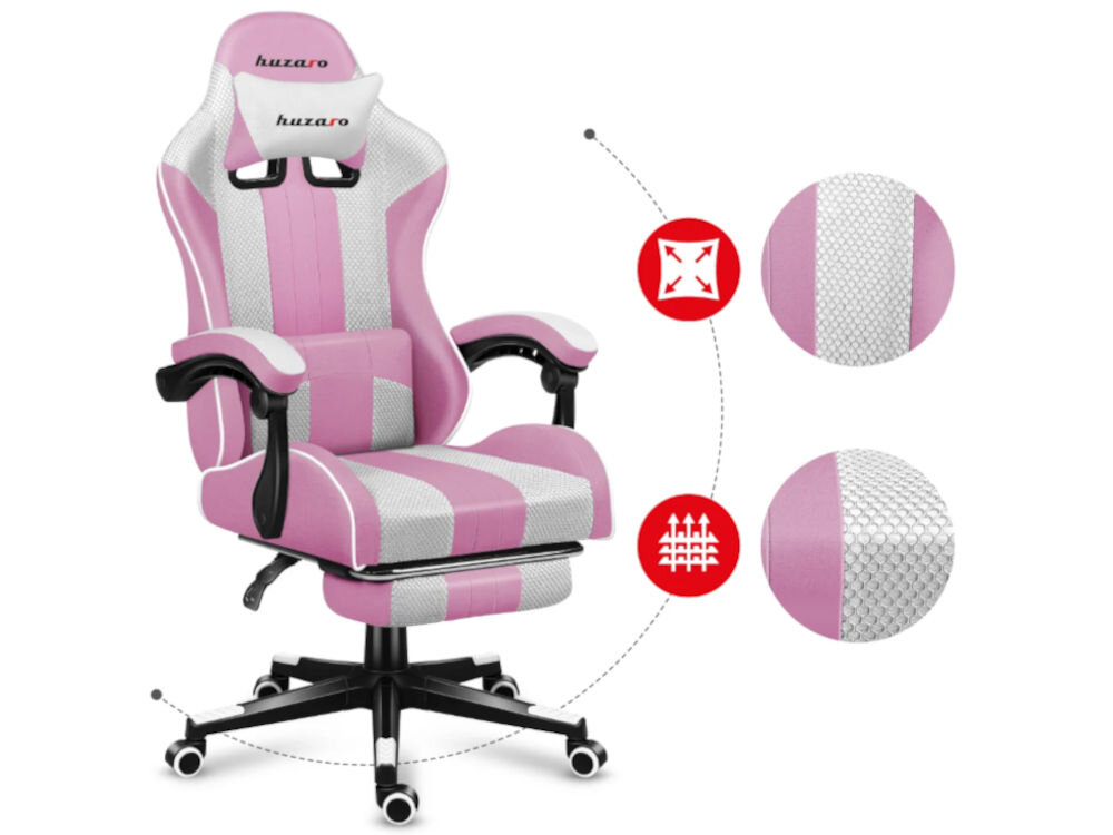 Fotel gamingowy w kolorach różowym i białym z logo \'huzaro\' na zagłówku. Obok fotela znajdują się dwa okrągłe zbliżenia materiału oraz ikona z symbolem rozciągania i przepuszczalności powietrza.
