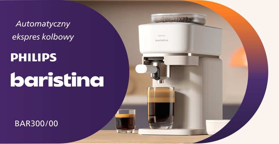 Obraz przedstawia automatyczny ekspres kolbowy PHILIPS baristina z modelem BAR300/00, z filiżanką kawy pod dyszą. Po lewej stronie widnieje napis: \'Automatyczny ekspres kolbowy PHILIPS baristina BAR300/00\'.