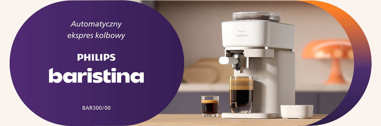 Obraz przedstawia automatyczny ekspres kolbowy PHILIPS baristina BAR300/00 na blacie, z filiżanką kawy pod wylewką. Po lewej stronie znajduje się fioletowe koło z tekstem: \'Automatyczny ekspres kolbowy PHILIPS baristina BAR300/00\'.