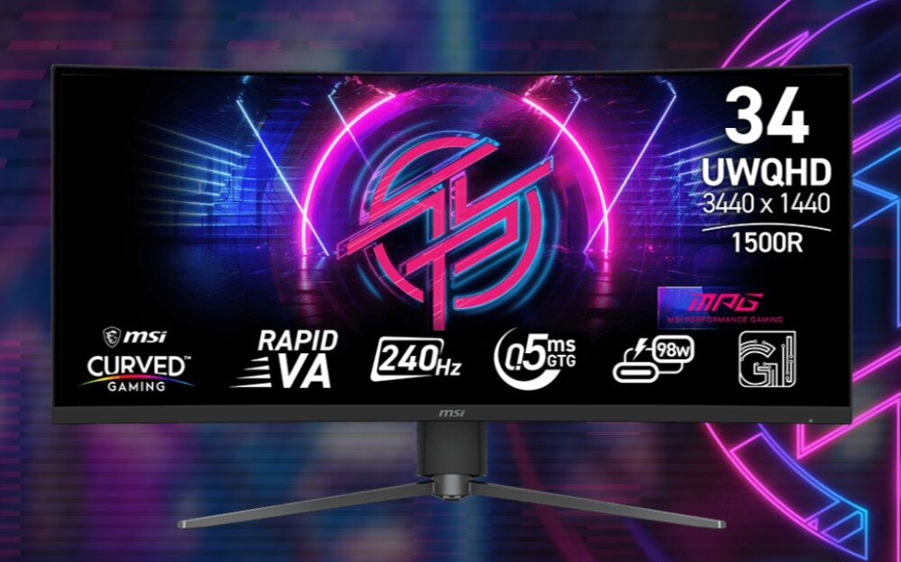 Monitor z wyświetlonymi specyfikacjami: 34 UWQHD 3440 x 1440 1500R, Rapid VA, 240Hz, 0.5ms GTG, 98W. Logo MSI Curved Gaming i MPG Performance Gaming widoczne na ekranie.