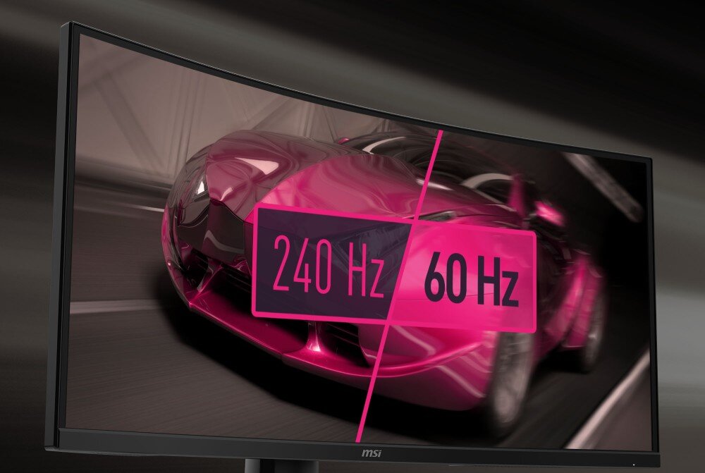 Monitor wyświetla obraz samochodu z podziałem na dwie części, z oznaczeniami \'240 Hz\' i \'60 Hz\'. Na dolnej ramce monitora widoczne jest logo \'msi\'.