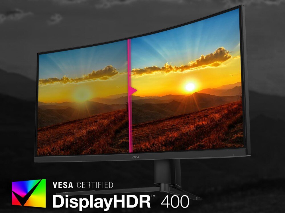 Monitor z zakrzywionym ekranem wyświetla krajobraz z zachodem słońca, podzielony pionową linią na dwie części. W lewym dolnym rogu widnieje logo \'VESA CERTIFIED DisplayHDR 400\'.