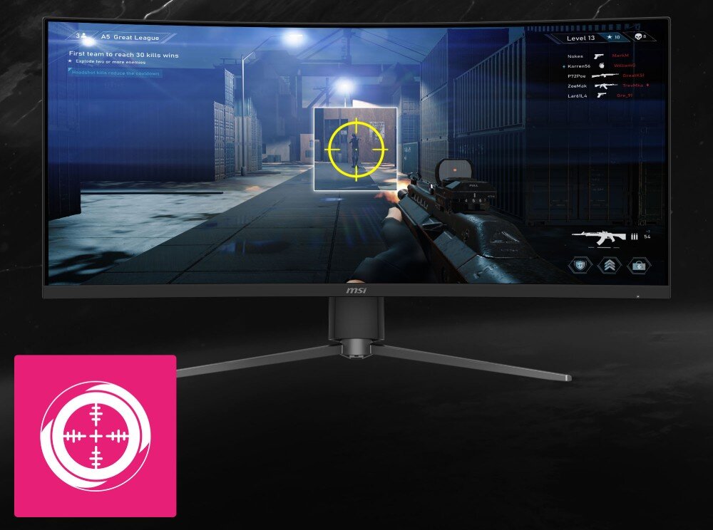 Monitor wyświetla grę FPS z widocznym celownikiem na ekranie. Na dole ekranu znajduje się logo MSI.