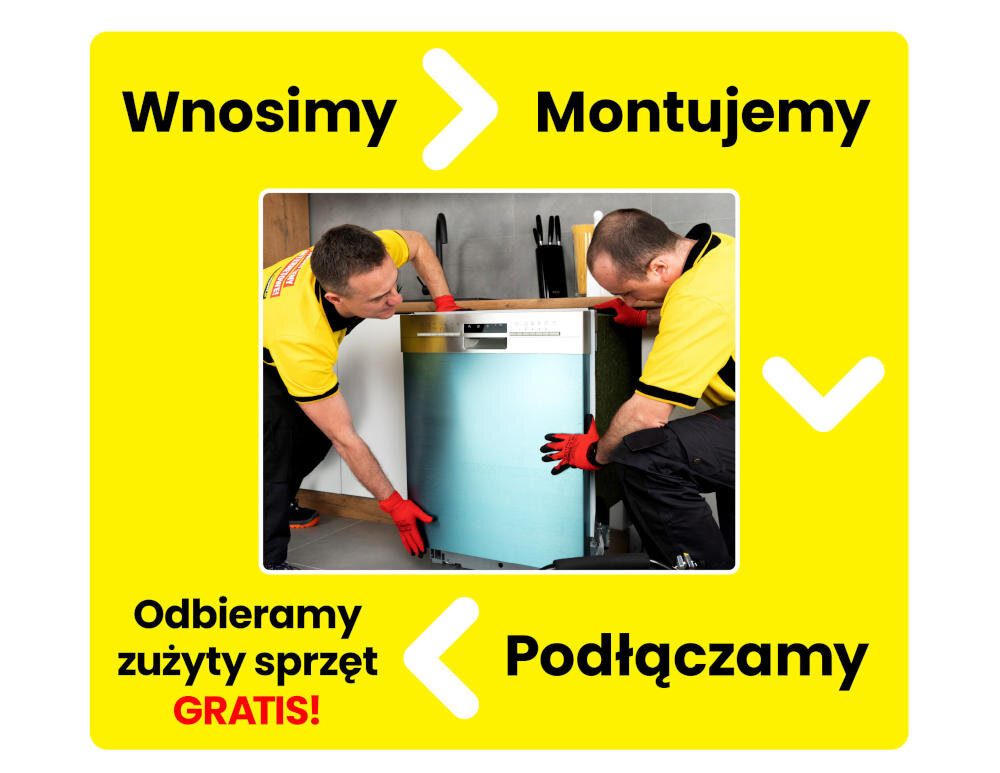 Dwóch mężczyzn w żółtych koszulkach i czerwonych rękawicach montuje zmywarkę. Na żółtym tle widnieje tekst: \'Wnosimy\', \'Montujemy\', \'Odbieramy zużyty sprzęt GRATIS!\', \'Podłączamy\'.