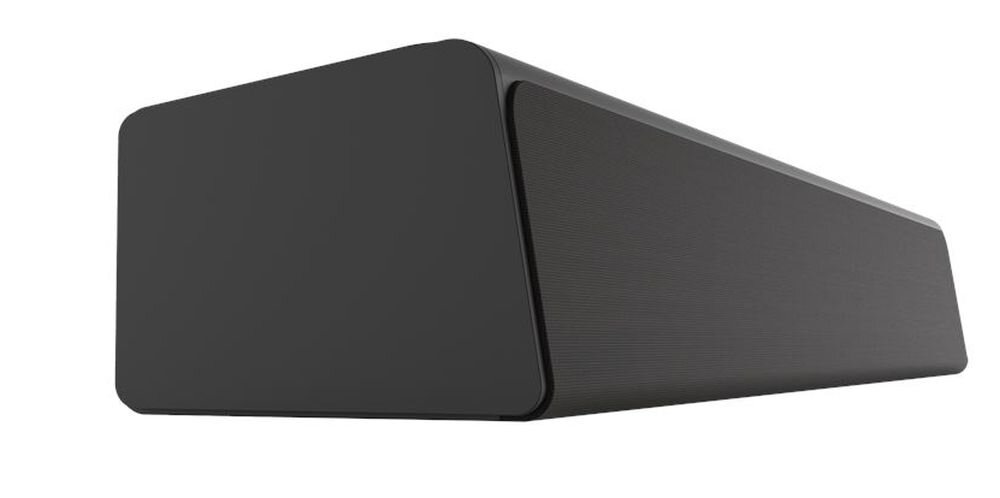 Czarny soundbar o prostokątnym kształcie z zaokrąglonymi krawędziami, widoczny z boku.