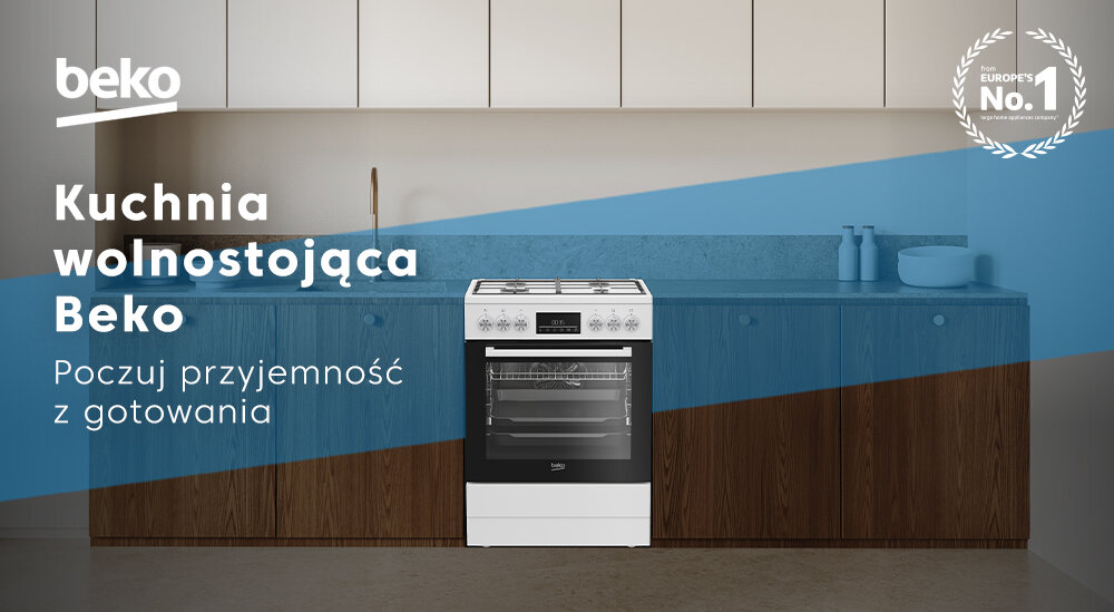 Na obrazie widoczna jest kuchnia wolnostojąca marki Beko umieszczona w nowoczesnej kuchni. Tekst na obrazie: \'Kuchnia wolnostojąca Beko Poczuj przyjemność z gotowania\'.