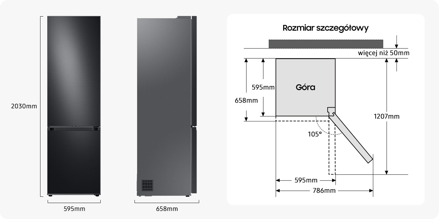 Schemat z rozmiarami lodówki z dolnym zamrażalnikiem Samsung RB38C7B6AB1, która dostępna jest w ofercie Media Expert Obraz przedstawia lodówkę w kolorze grafitowej stali z wymiarami 2030mm wysokości, 595mm szerokości i 658mm głębokości. Obok znajduje się schemat z wymiarami szczegółowymi, w tym kątem otwarcia drzwi 105 stopni i tekstem \'Rozmiar szczegółowy\'.