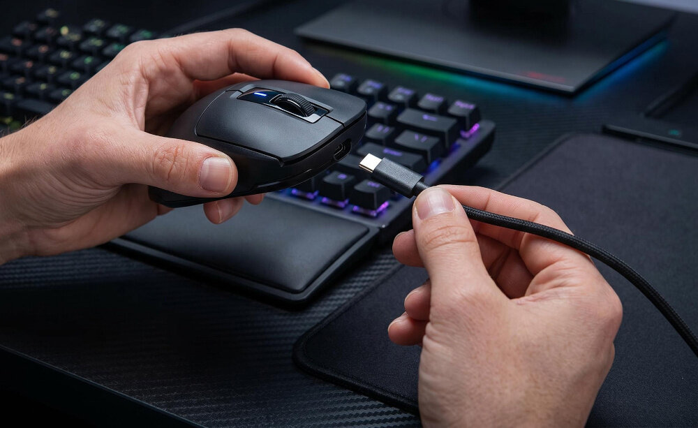 Osoba trzyma czarną mysz komputerową i podłącza do niej kabel USB-C. W tle widoczna jest klawiatura z podświetleniem RGB.