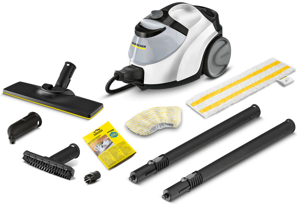 Na obrazie znajduje się parownica z logo KARCHER oraz zestaw akcesoriów, w tym różne końcówki, rury przedłużające, ściereczki i instrukcja obsługi. Produkt jest biało-czarny z żółtymi elementami.