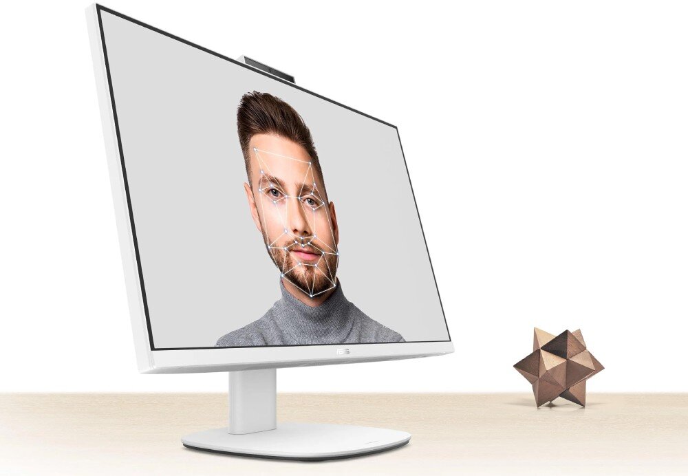 Komputer All in One ASUS VM640KA-BPC019W Komputer All-in-One widoczny od boku z wysuniętą kamerą, na ekranie twarz mężczyzny z nałożoną siatką punktów rozpoznawania twarzy