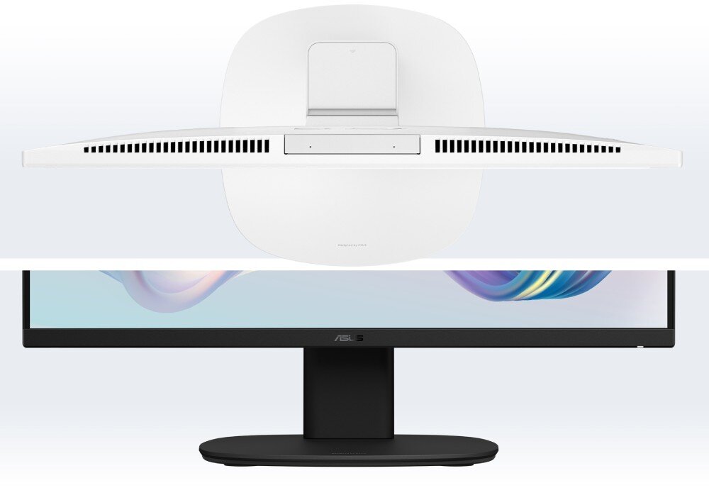 Komputer All in One ASUS VM640KA-BPC019W Zestawienie dwóch widoków komputera: u góry góra obudowy z otworami wentylacyjnymi, na dole dolna część ekranu i podstawka