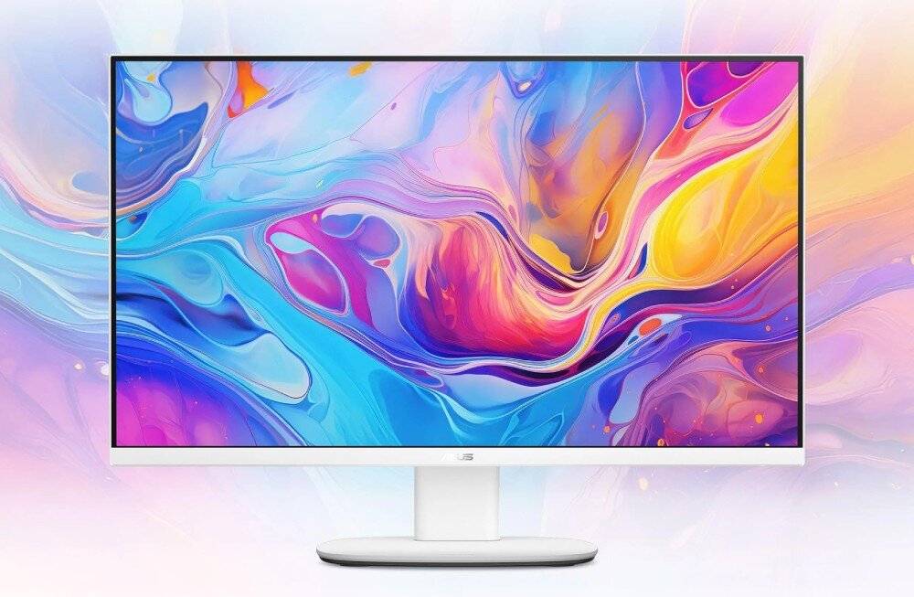 Monitor komputera All in One z wyświetlaczem wypełnionym kolorową, abstrakcyjną grafiką. Na dolnej ramce widoczne jest logo ASUS.