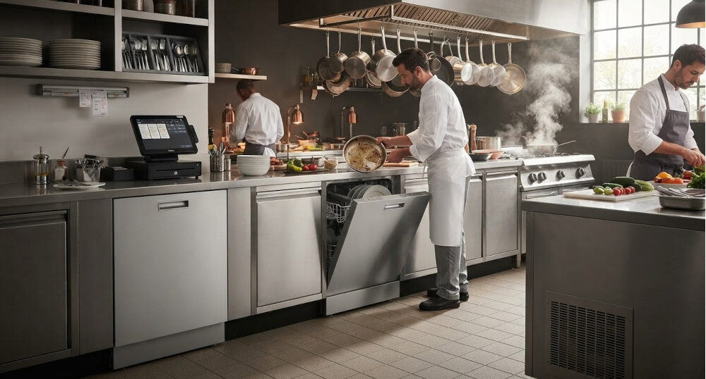 ZMYWARKA ASKO DWC6122BIW Zmywarka podblatowa pracująca w profesjonalnej kuchni gastronomicznej. Obok urządzenia widoczne są stanowiska do przygotowywania potraw 13 kompletów Turbo Drying klasa A 46 dB połowa załadunku automatyczne otwieranie drzwi