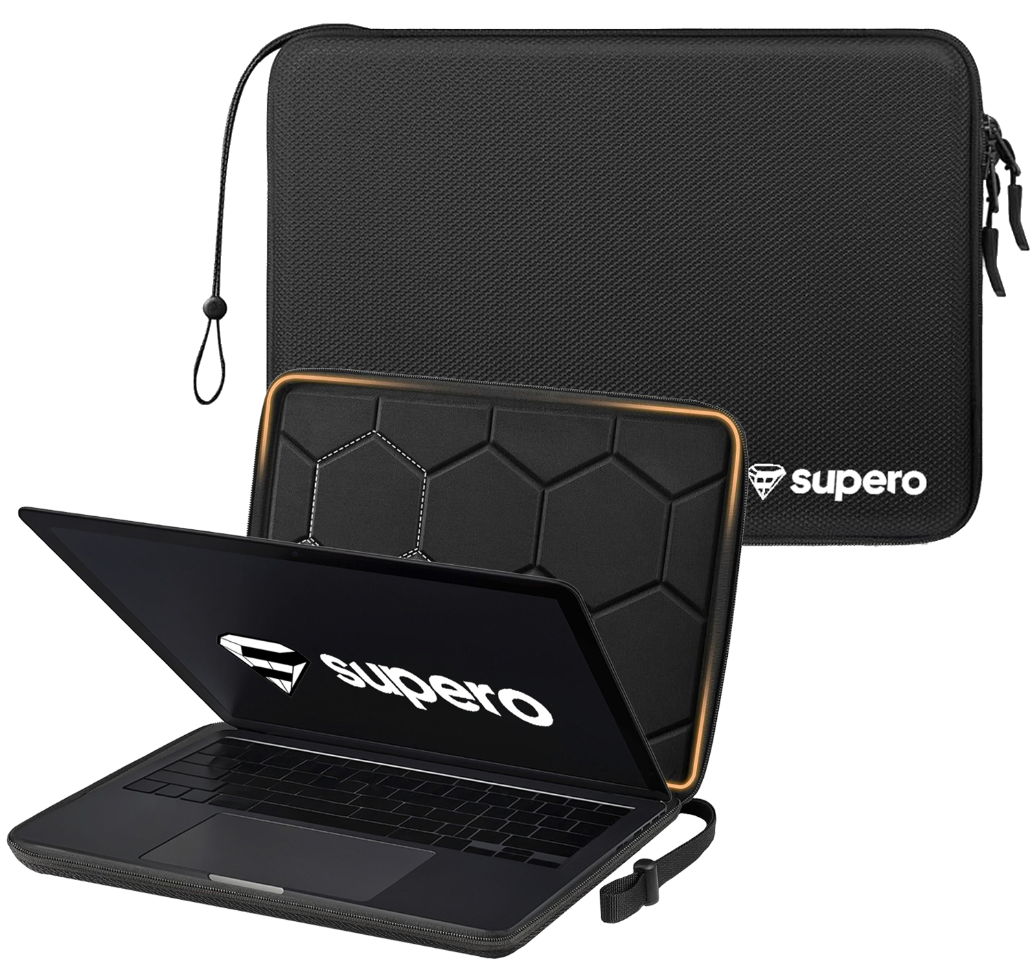 Na obrazie widoczna jest czarna torba na laptopa z logo \'supero\'. Torba ma teksturowaną powierzchnię i zamek błyskawiczny, a obok niej znajduje się otwarty laptop.
