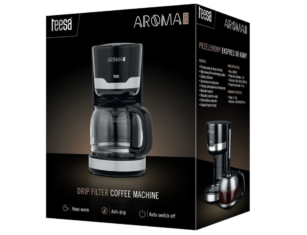 Opakowanie ekspresu do kawy TEESA Aroma 100 z widocznym zdjęciem urządzenia. Na opakowaniu znajdują się napisy: \'DRIP FILTER COFFEE MACHINE\', \'Keep warm\', \'Anti-drip\', \'Auto switch off\'.