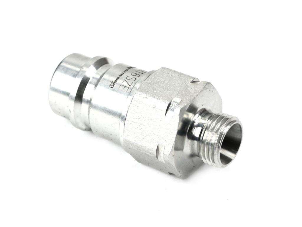 Metalowe szybkozłącze hydrauliczne z gwintem zewnętrznym, oznaczone napisem \'M16x1.5\'.