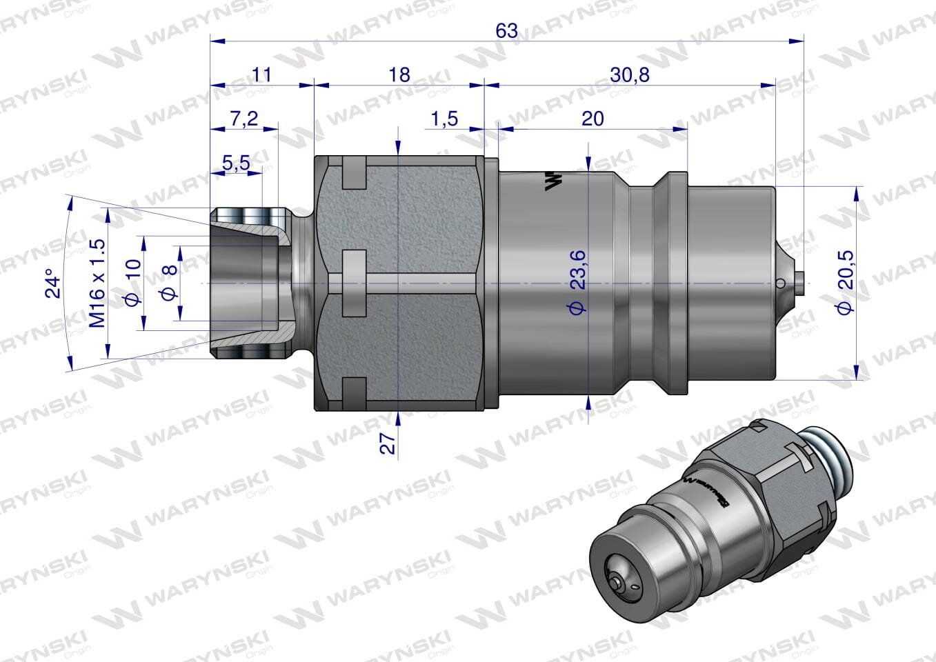 Ilustracja przedstawia szybkozłącze hydrauliczne z oznaczeniami wymiarów i gwintem M16x1.5. Widoczne jest logo Waryński oraz szczegóły techniczne, takie jak kąty i średnice.