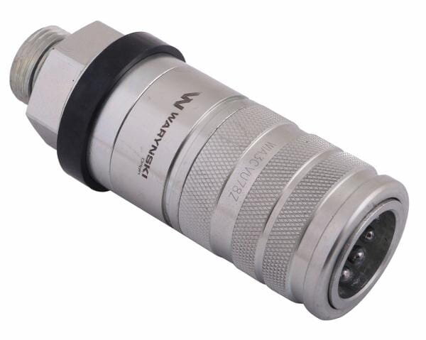 Metalowe szybkozłącze hydrauliczne z widocznym logo \'Waryński\' oraz oznaczeniem \'WIA3CV-U-82\'.