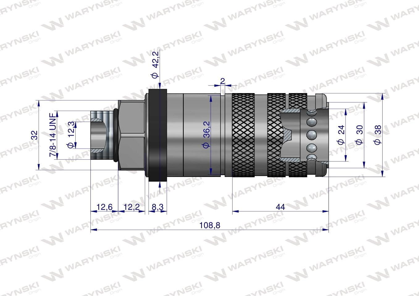 Rysunek techniczny szybkozłącza hydraulicznego z oznaczeniami wymiarów i gwintów. Widoczne logo \'WARYNSKI\' w tle.